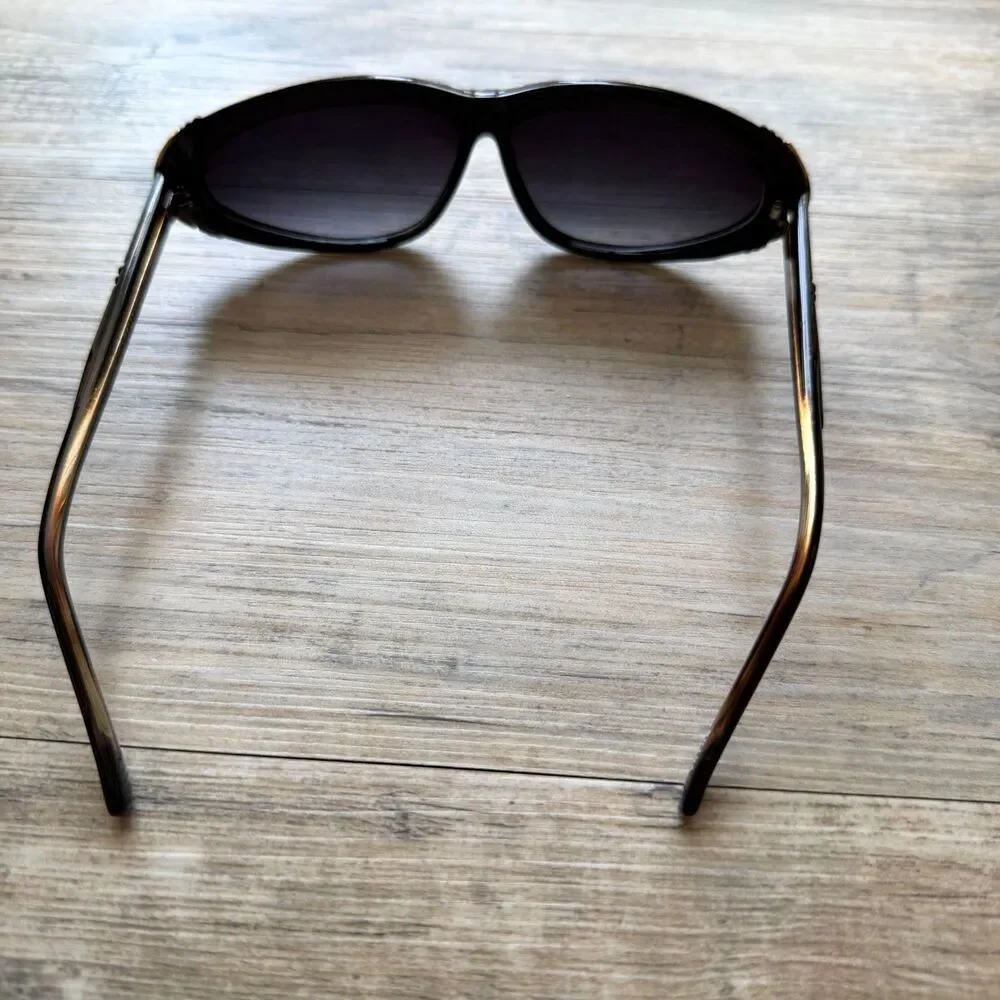 Vintage 80s Sunglasses Black Brown Tortoise Gold Red Accent Retro Glam